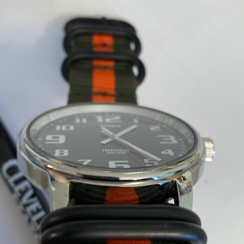 Timex Indiglo watch, black dial, new olive green and orange striped nato strap - Picture 7 of 11